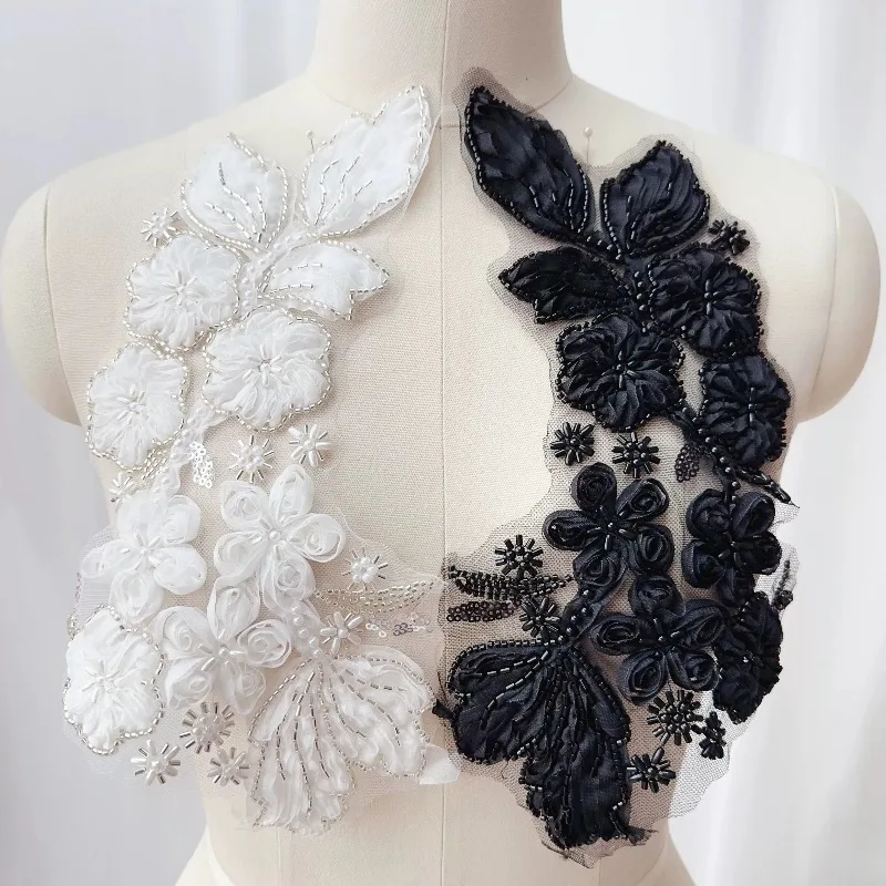 1pair Heavy Embroidery Flower Lace Patch White Black DIY Clothing Accessories Sewing Trim