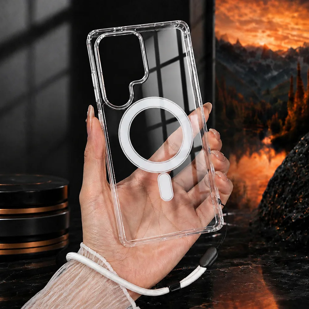 Luxury Transparent Magnetic Case For Samsung Galaxy S26 S25 S22 S23 S24 FE Ultra Plus For Magsafe With lanyard Shockproof Cover