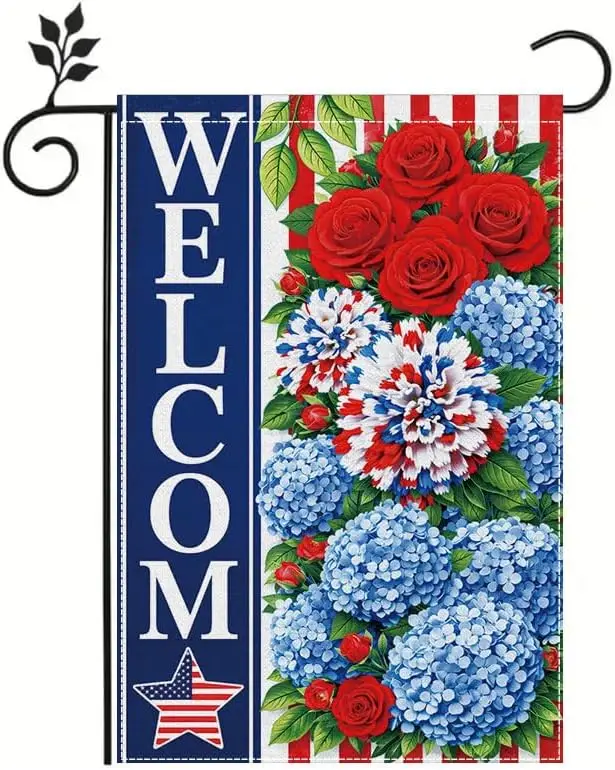 American Flag Welcome Garden Flag, 12x18 Inch Outdoor Patriotic Decor with Red Roses Blue Hydrangea, Front Yard Porch Summer jjp