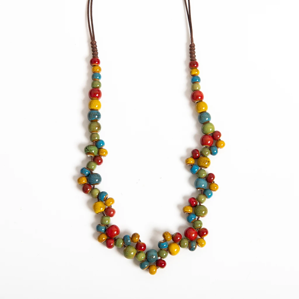Handcrafted Colorful Ceramic Bead Necklace Adjustable Wax Cord Bohemian Multiuse Jewelry Can Also Be Worn as Headpiece