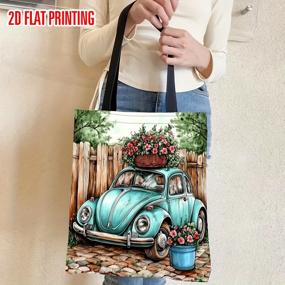 One Printed Shoulder Bag Spacious Tote Featuring A Vintage Car Garden Bloom Design Equipped with Comfortable Straps Pouch