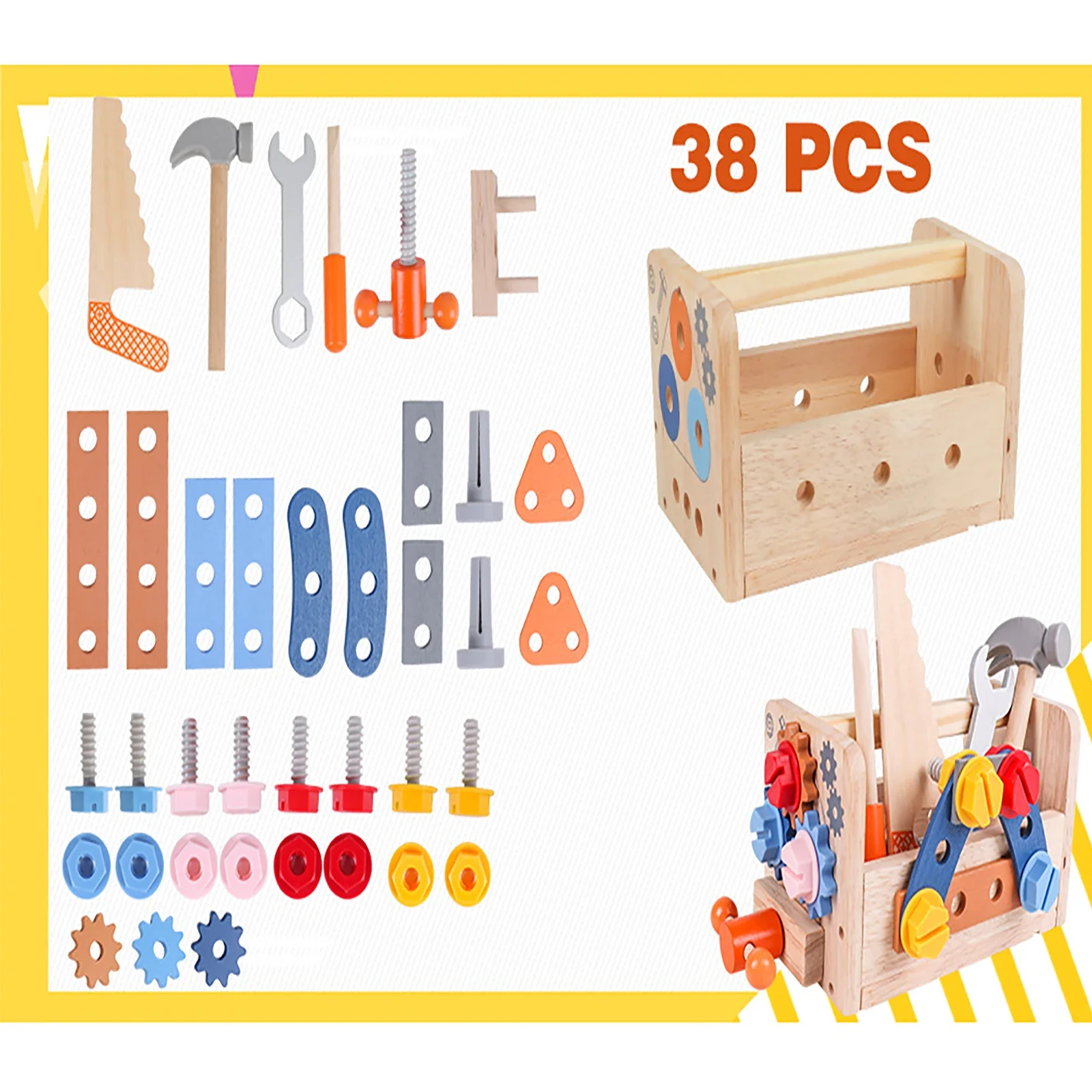 38-ピース-セット木製ツールボックスおもちゃシミュレーション修理ツールボックスポータブルツールバスケットロールプレイおもちゃ子供のための教育ギフト
