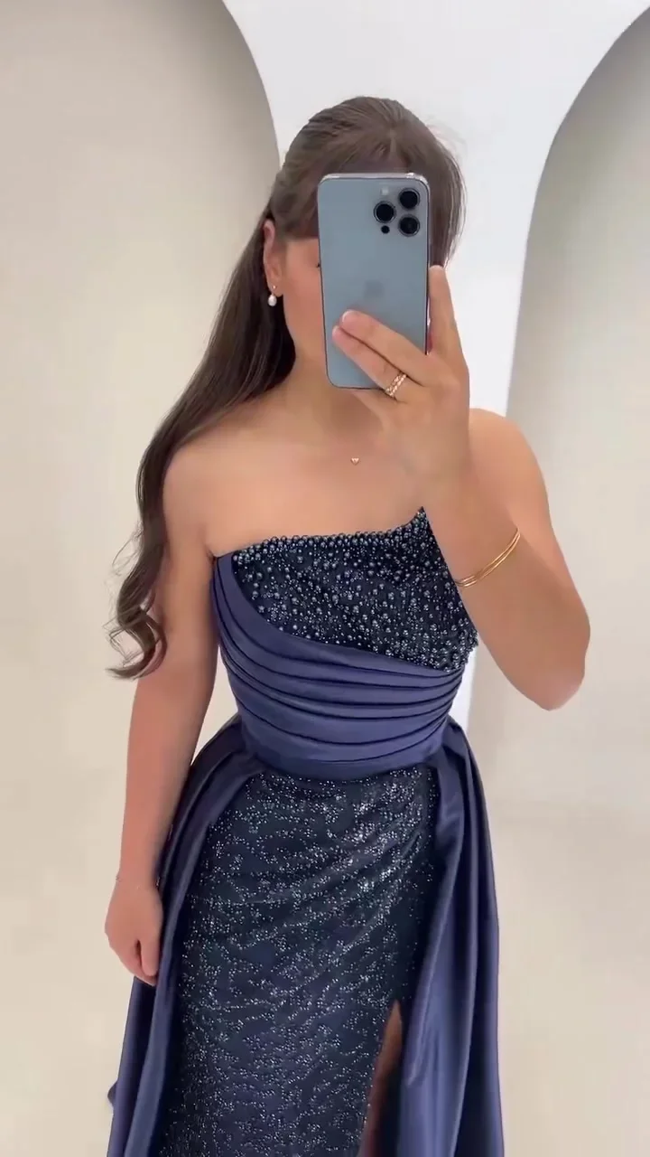 فستان سهرة Eightale 2025 بدون حمالات باللون الأزرق الداكن طويل فاخر مزين باللؤلؤ مطرز 2025 من الساتان على شكل حرف A فستان للحفلات الراقصة فستان رسمي للحفلات #2