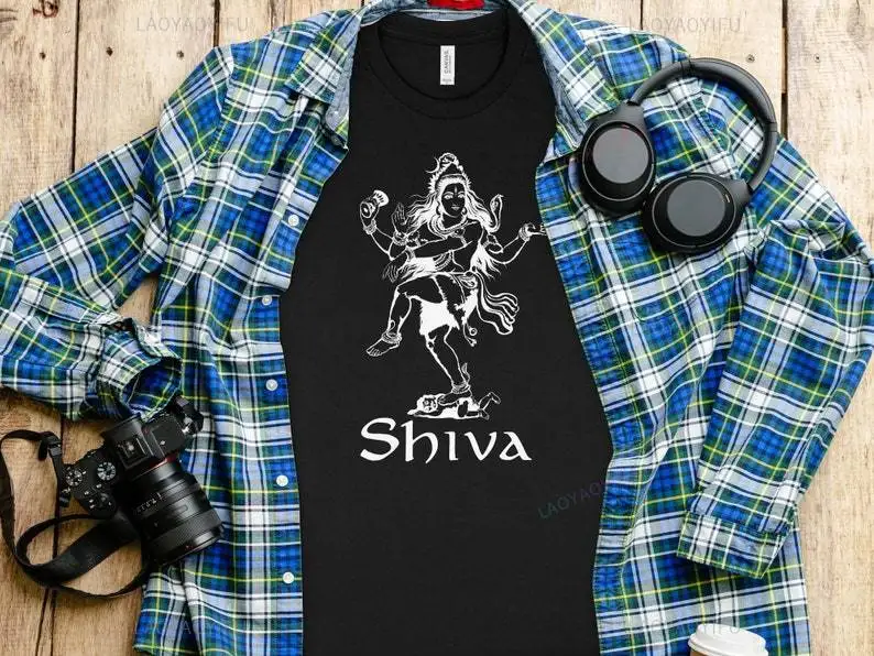 Shiva Hindu Deity Spiritual Black Cotton Graphic Tshirt Indian Mythology Lord Shiva Illustration Woman Man Shirt Yoga Wear Tops