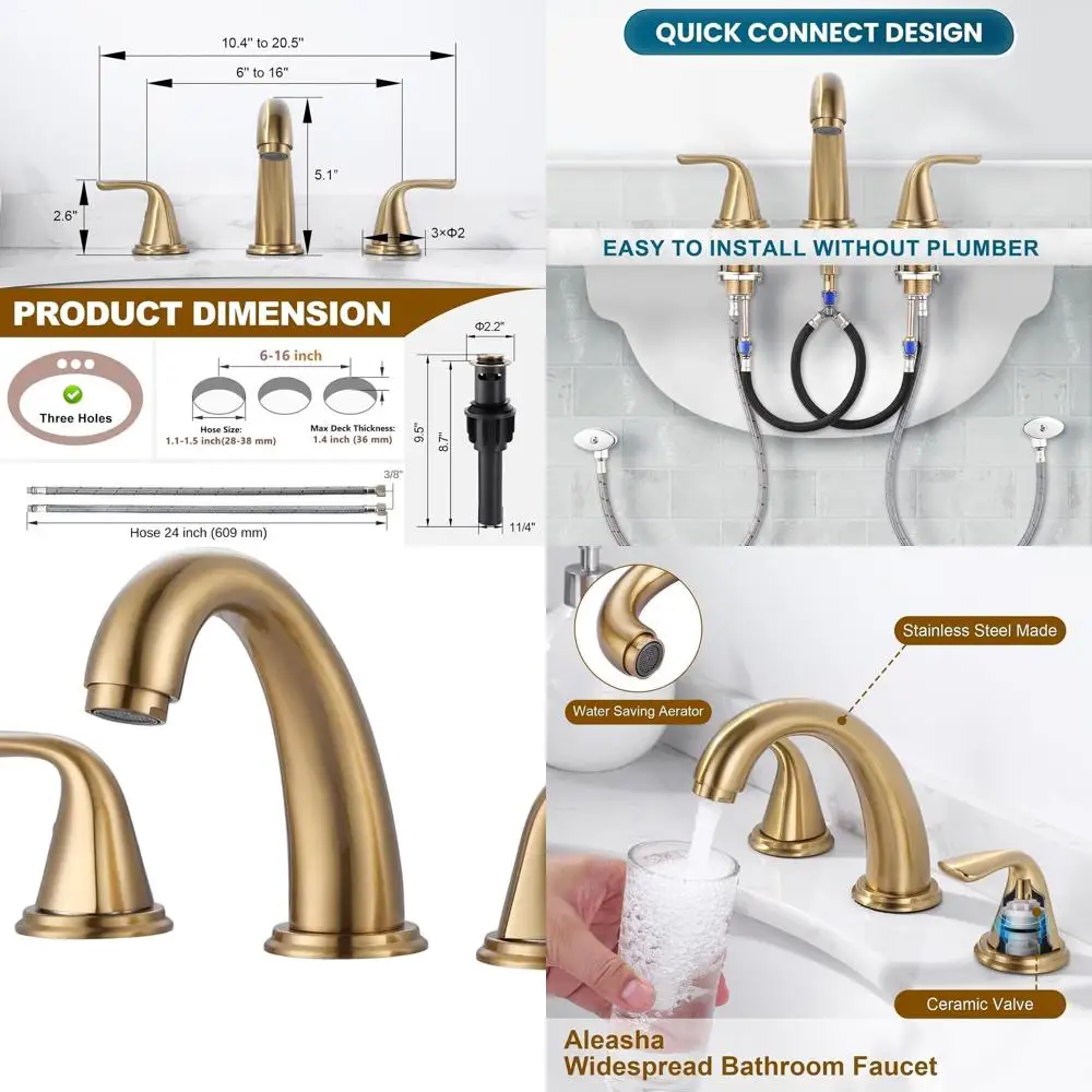

Gold 3-Hole Widespread Stainless Steel Lead-Free Bathroom Sink Faucet with Pop-Up Drain