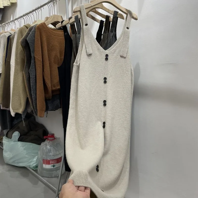 Vestidos femininos outono sem mangas de malha botão design sólido all-match camadas coreano elegante atraente minimalista diariamente