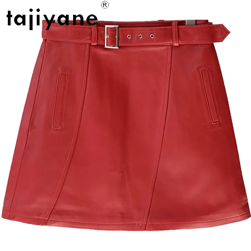 TAJIYANE Real Leather Skirt Sheepskin A-line Bodycon Skirts for Woman Short Red Skirt High Waist Slim-fit Women's Skirts Belt