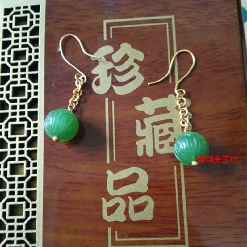 18K Hetian Gold with JadeSpinach Green Jasper Inlaid Women's Earrings