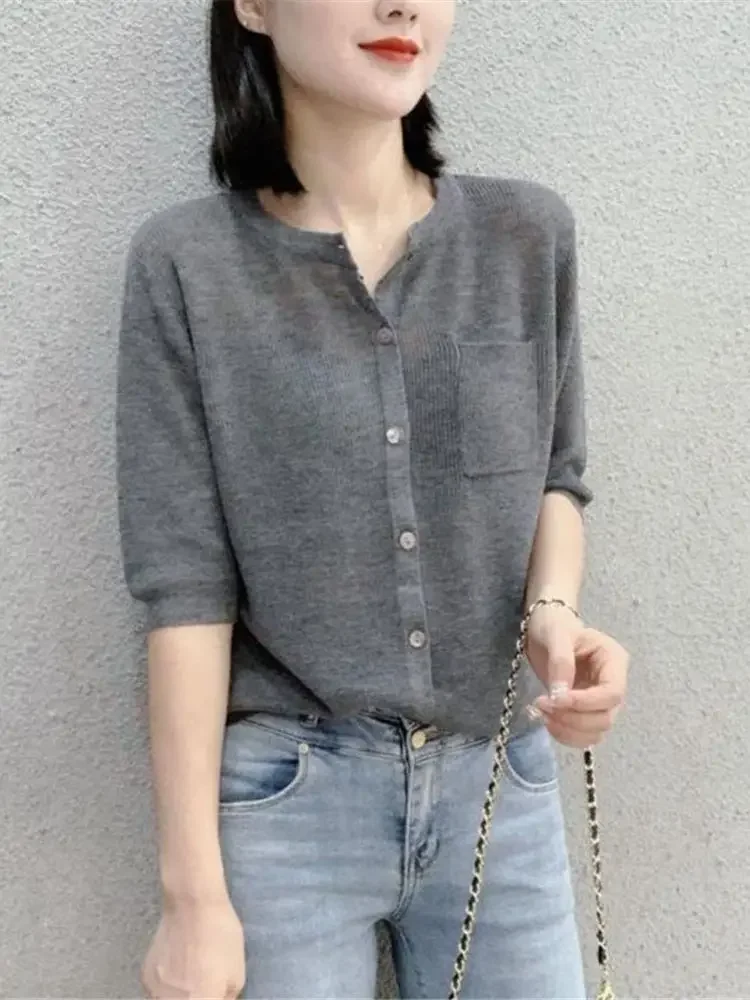 

2024 Cardigan Women Solid Thin Summer Short Sleeve All-match Fashion Casual Elegant Female Daily Retro New Simple O-neck ZY7766