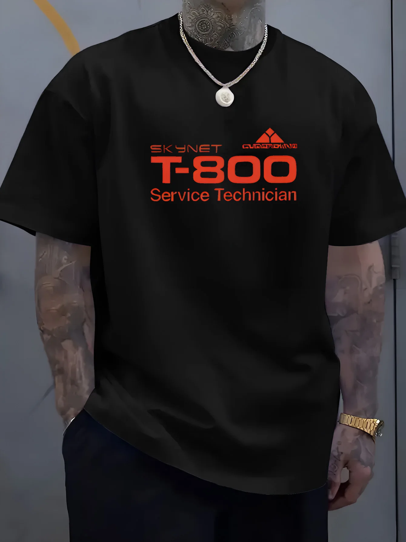 Male Black Round Neck T Shirt Retro Orange Skynet Triangle Mark T 800 Technician Text Terminator Film Enthusiast Cotton Tees