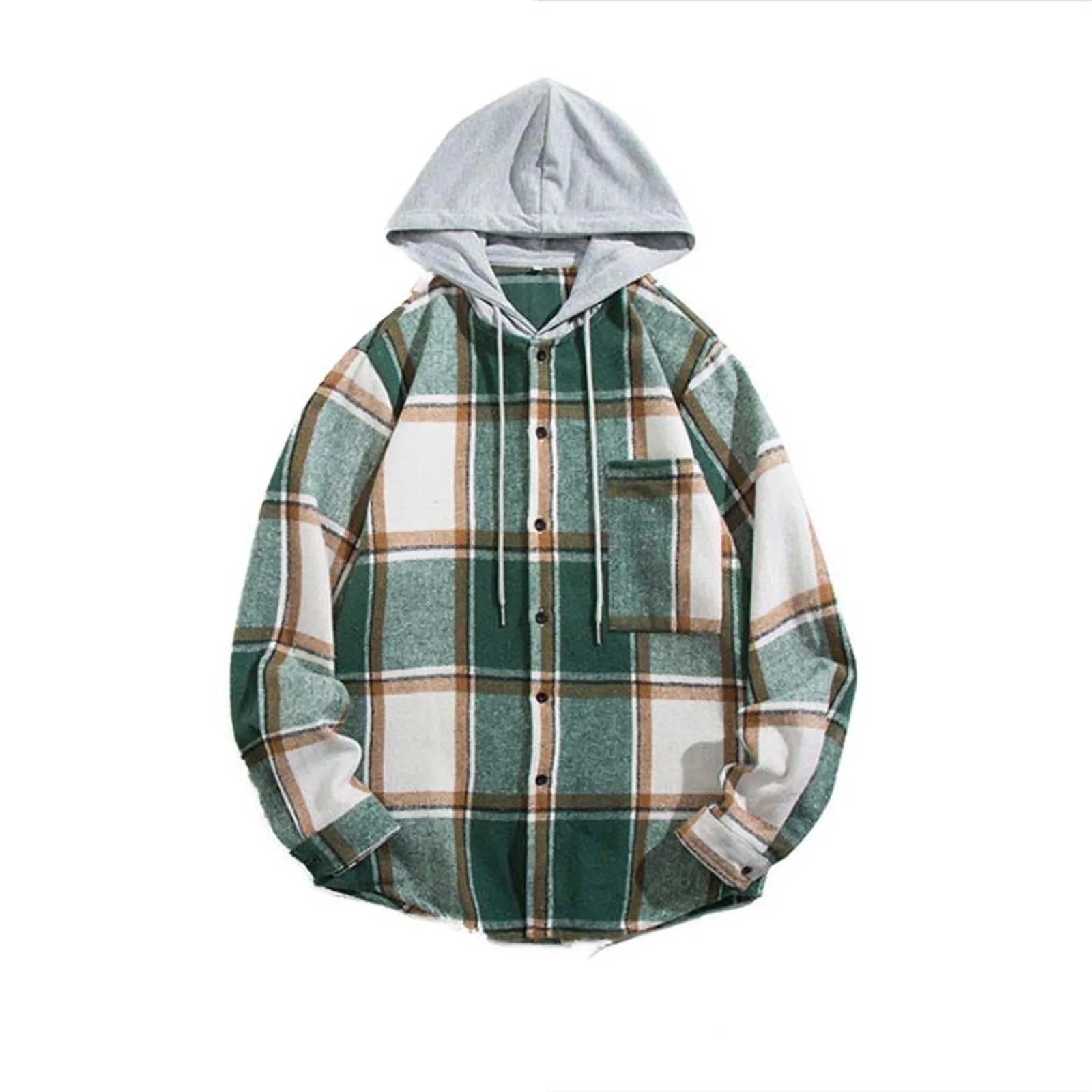 Hooded Collar Button Down Shirts Coat Male Clothing Long Sleeves Shirts For Men Autumn Casual Plaid Print Shirt Button down