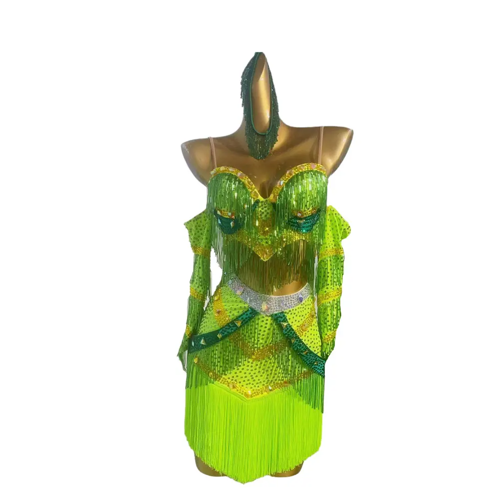 라틴 댄스 경연 대회 여성 하이 엔드 맞춤형 녹색 구슬 술 슬링 삼바 아트 공연 라인 석 드레스