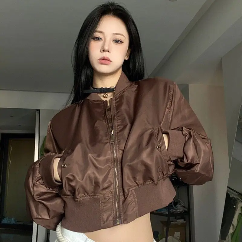 Deeptown Vintage Brown Bomber Short Jacket Women Korean Streetwear Oversize Cropped Jackets Casual Y2k Harajuku Fashion Coats