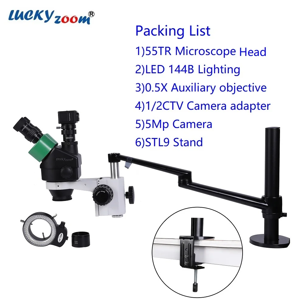 Morsetto da tavolo 3.5X-45X Microscopio trinoculare focale Simul Microscopio di riparazione professionale braccio flessibile fotocamera luce Set di