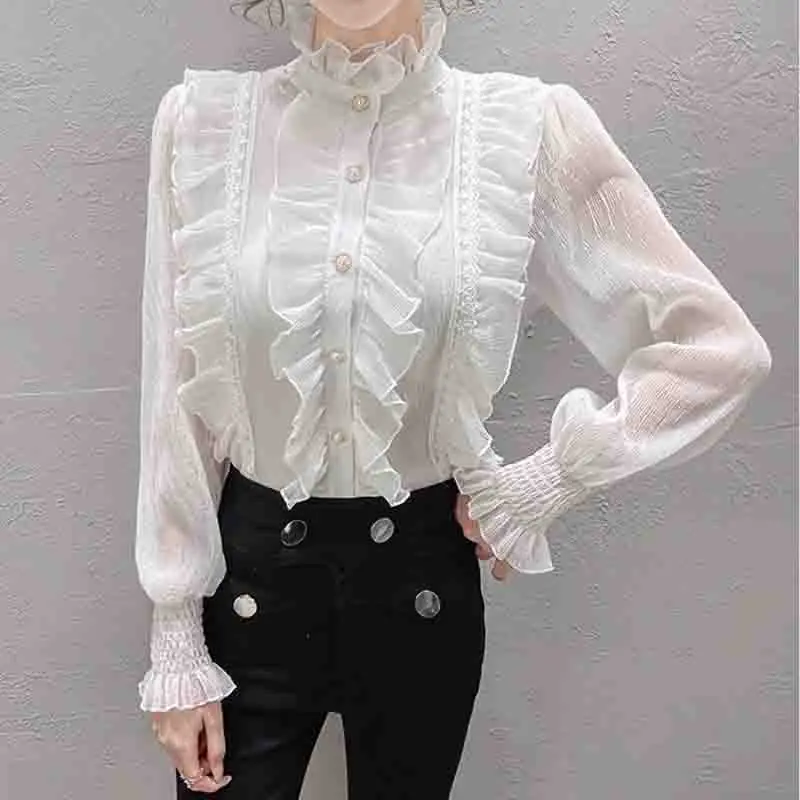 Sweet and Chic Long Sleeve Stand Collar Blouses Women Casual Loose White Shirts Korean Lace Ruffles Elegant Chiffon Blusas 13433