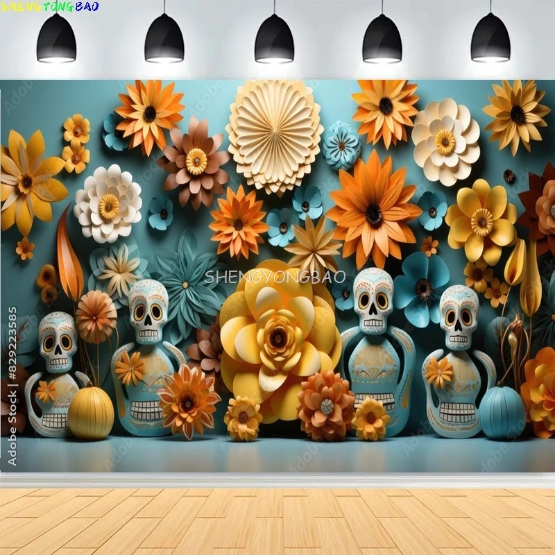 

Day Of The Dead With Floral Ornaments Photography Backdrops Skulls Halloween Magic Costumes Scary Stories Background DV-02