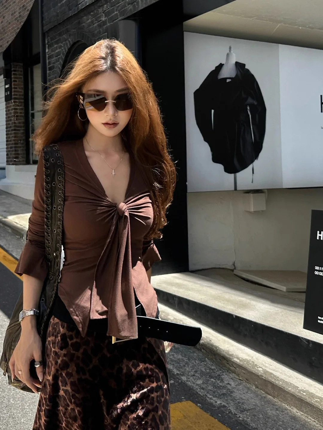 Sexy Long Sve T-irt Women's Knot Waist Coffee Color Top Breathable Absorbent Qui Dry Low Round Ne Ort Length