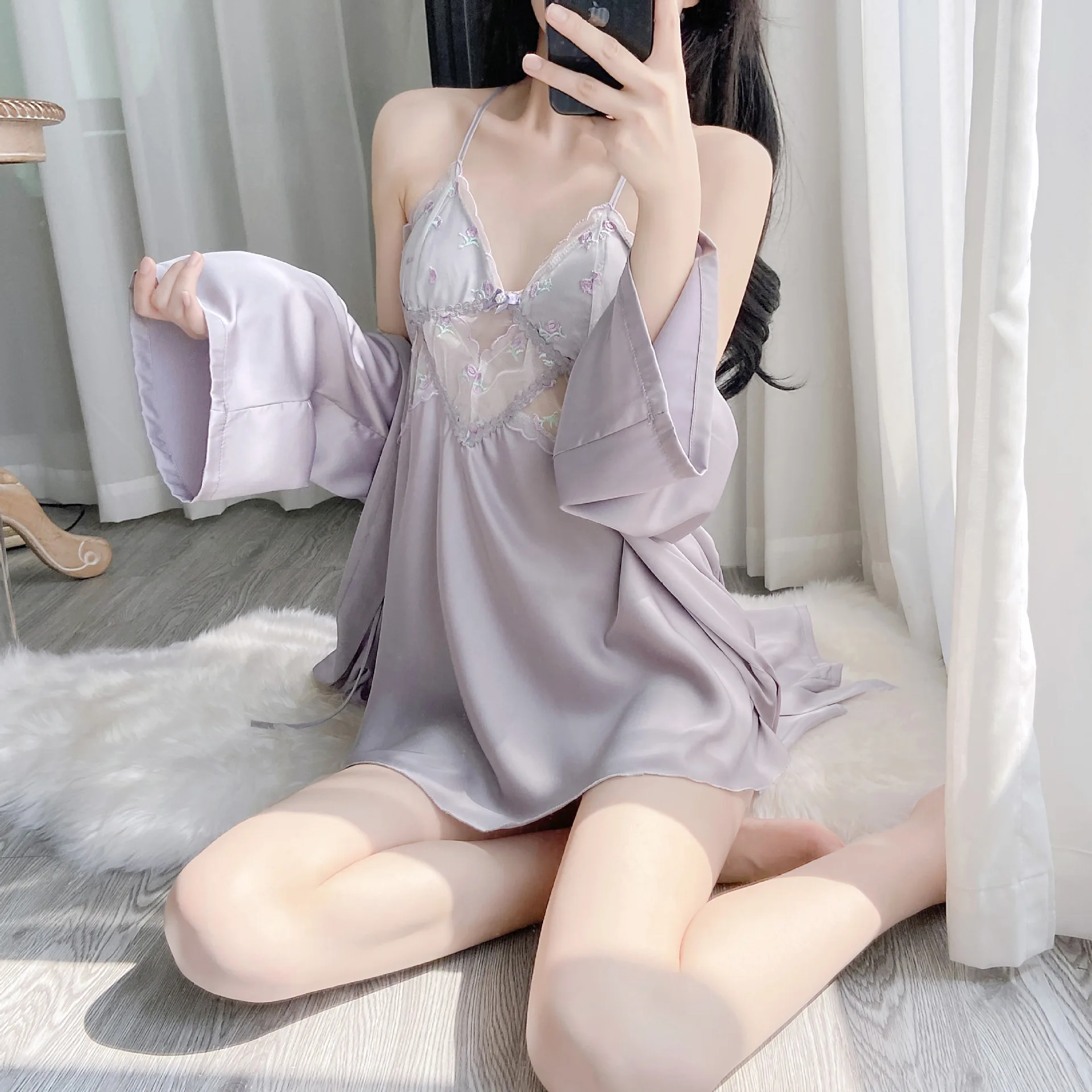 Twinset Robe ชุดลูกไม้ Hollow Out Nightgown เสื้อคลุมอาบน้ําชุดกิโมโนชุด Negligee ฤดูใบไม้ผลิฤดูร้อนผู้หญิงชุดนอน Homewear