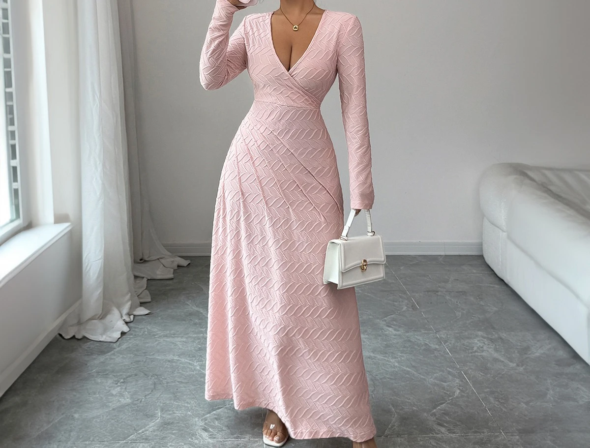 فستان أنيق بأكمام طويلة على شكل حرف V عميق فستان نسائي لخريف وشتاء 2025