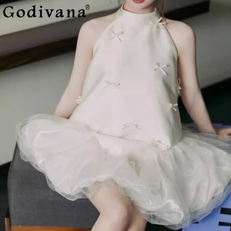 

Temperament French Engagement Birthday Stand-up Collar White Bow Dress Girl Versatile Age Reduction A-line Elegant Short Dresses