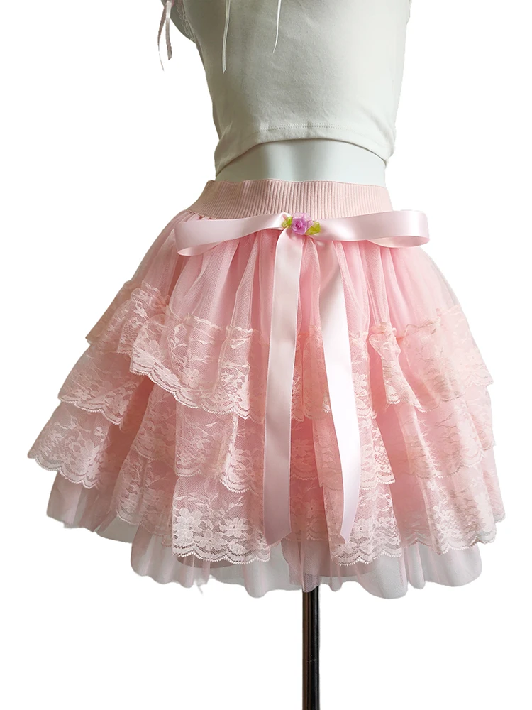 

Cute Multilayered Lace Skirts for Sweet Girls Summer Pink Bow Decoration Elastic Waist Lolita Style Skirt Kawaii Clothes