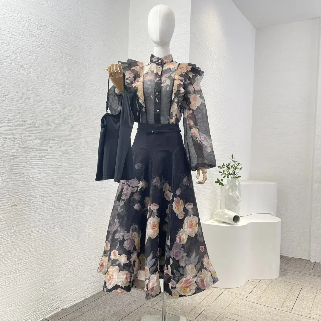 

Linen Silk 2024 New Autumn Collection High Quality Black Floral Print Long Sleeve Ruffles Blouse Tops and Midi Skirt Women Set