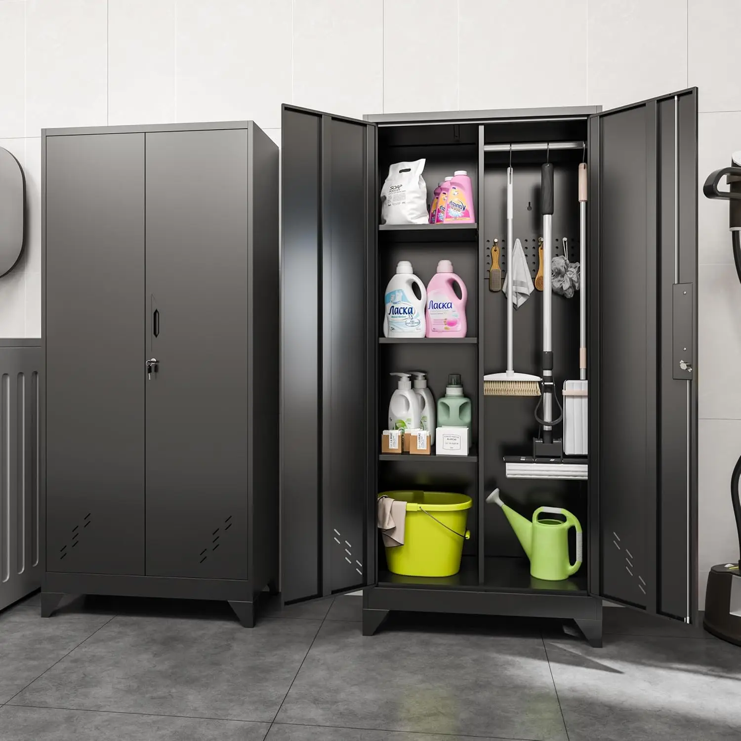 Metal Garage Storage Cabinets with Lock, Garage Storage Cabinet with Pegboard & Hanging Rod, Broom Closet Storage Cabinet