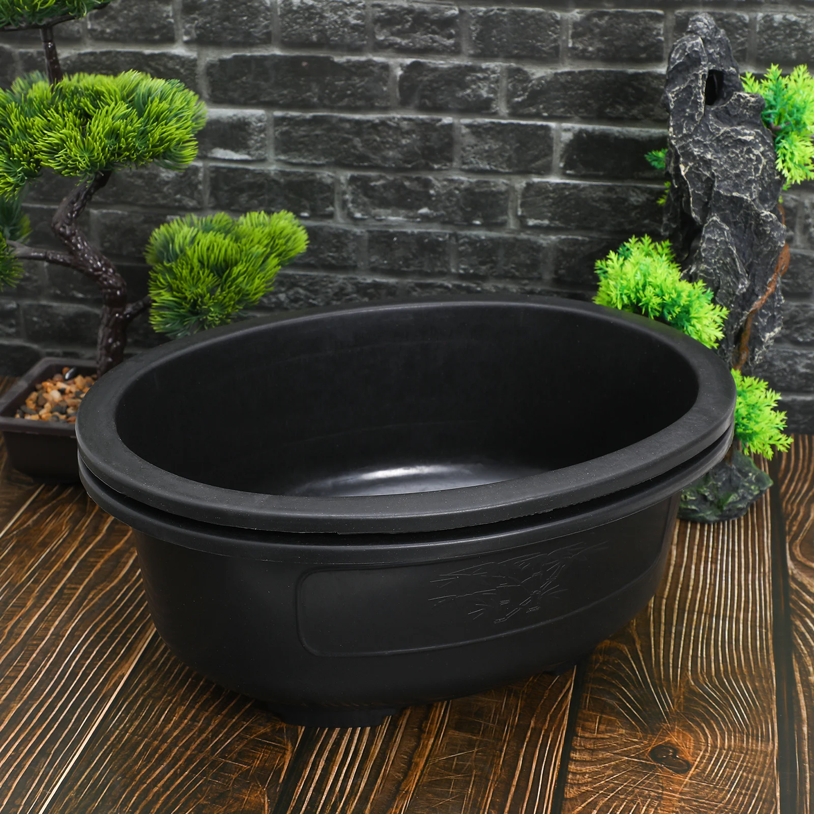 

2pcs Large Flowerpot Black Plastic Oval Bonsai Planter Indoor Garden Decor Pot with Drainage for Plants Balcony Office Window