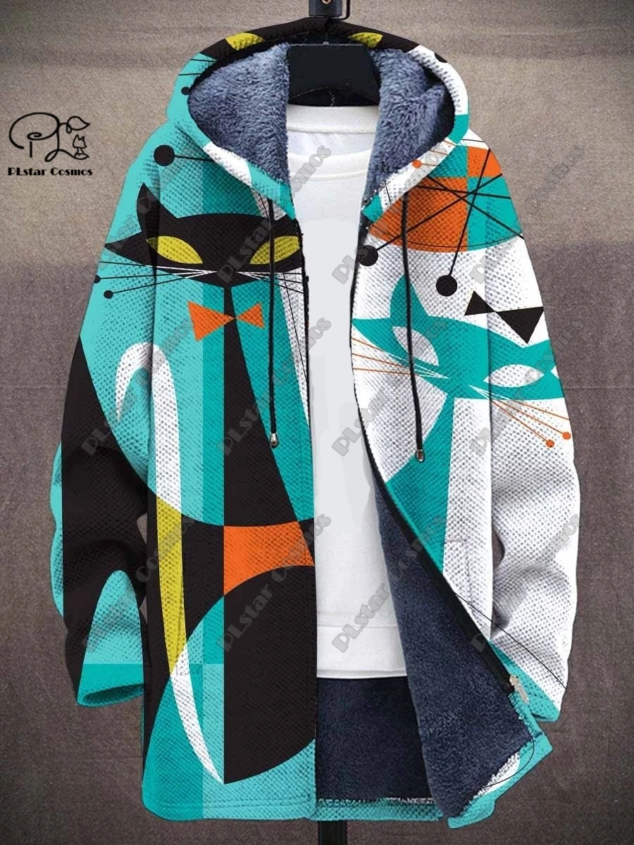 

PLstar Cosmos 3D printed cat skull night star yi pattern winter men's hooded jacket winter casual thickened warm series -10