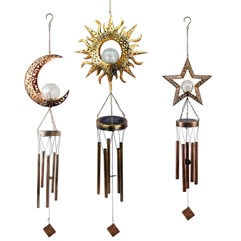 Outdoor Solar Wind Chimes Lights Retro Iron Fiary Moon Sun Stars Wind Chime Hangings Lamp for Wedding Xmas Birthday Party Decor