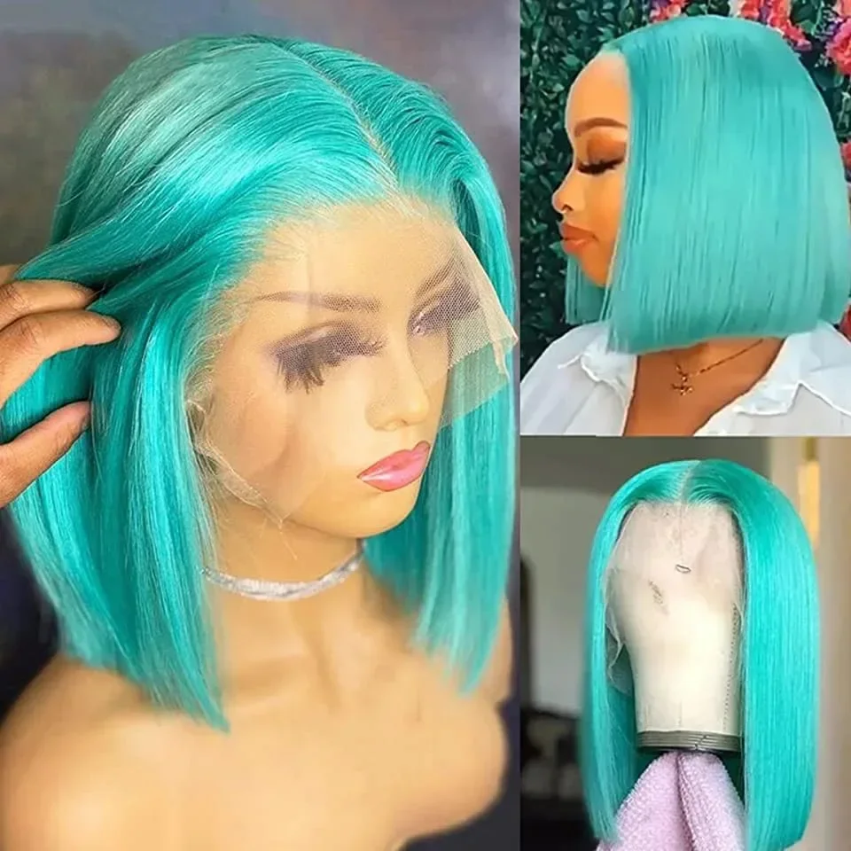 

Парик из натуральных волос цвета мятной зелени, прямой, с кружевной застежкой 13x4, плотность 180%, короткий боб, 100% окрашенный, с прозрачным HD-кружевом