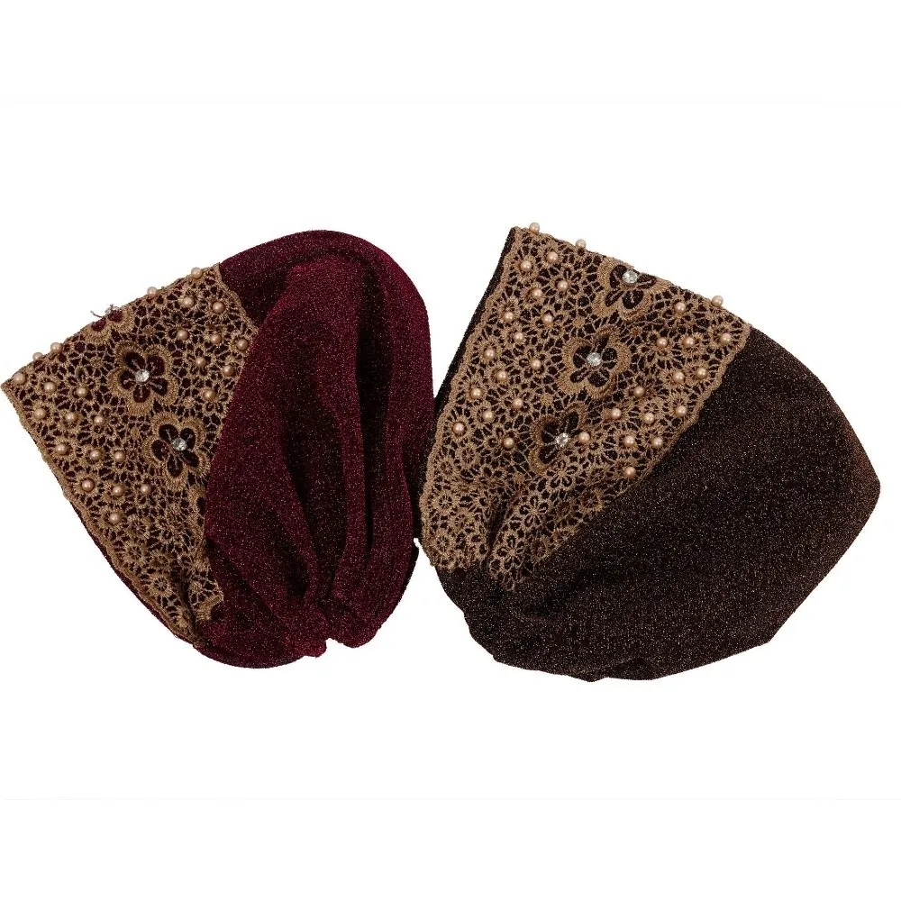 Elegant Embroidery Women's Lace Turban Cap Lace Trim Floral Pattern Muslim Headscarf Cap Islamic Turban Hat Women