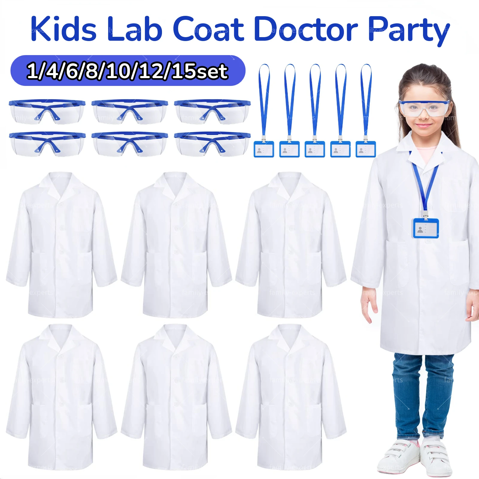 1-15set Kids Lab Coat Science Costume Doctor Party Role Play Dress with Goggles ID Card Boys Girls School Scientist Lab Robes