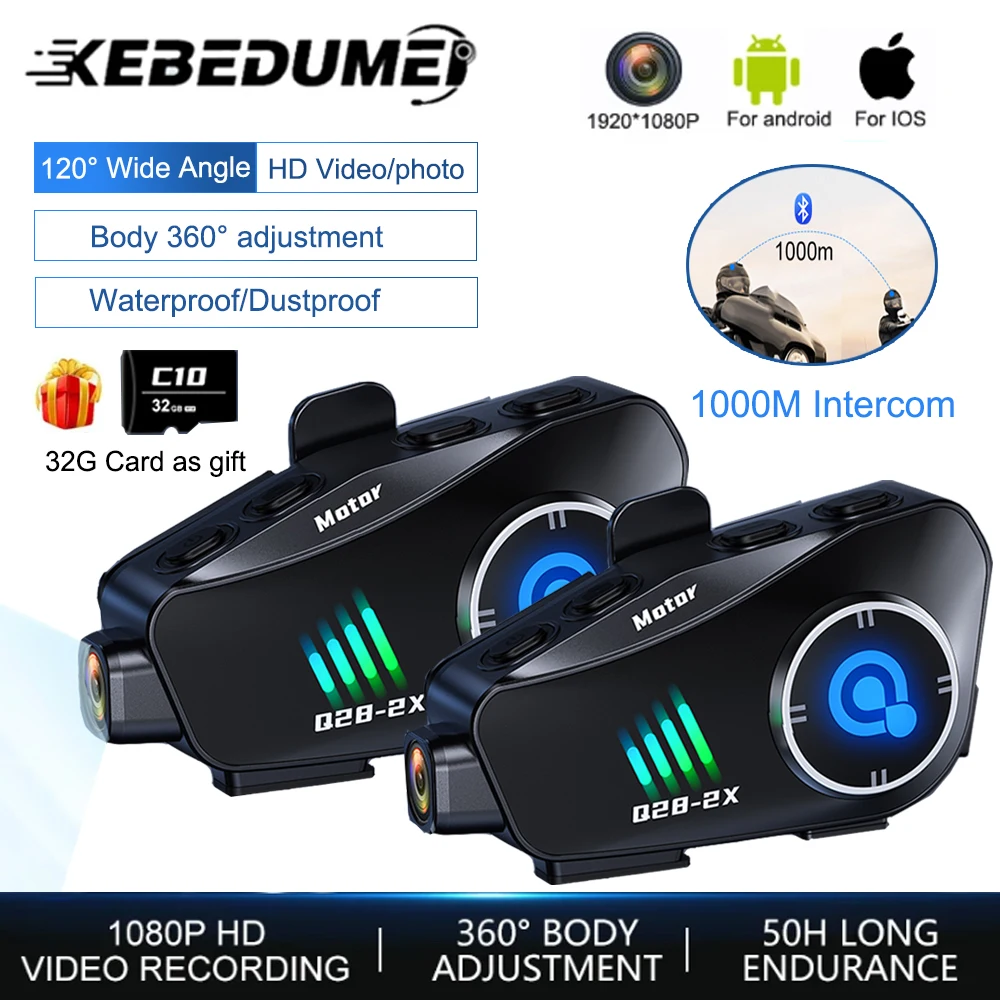 Kebidumei BT5.3 Motorcycle Helmet Intercom Headset intercomunicador moto 1000m Music Share Interphone WiFi App Dash Cam Auto Dvr