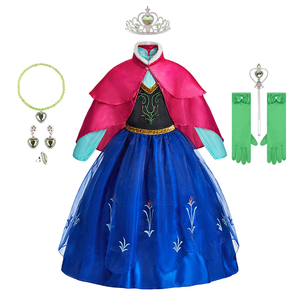 Children Princess Cosplay Dress Anna Halloween Parties Ball Gown Little Girls Multiple Color with Accessories Carnival Clothing