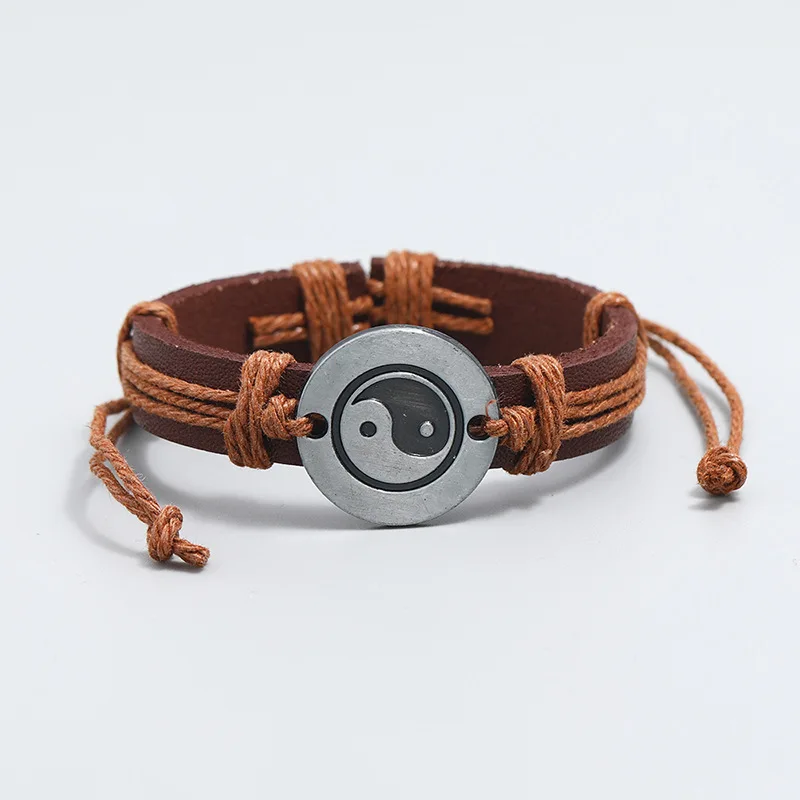 Yin Yang Symbol Adjustable Leather Rope Bracelet Charm Tai-chi Symbol Bracelet Jewelry for Men Women Gift Free Shipping Items