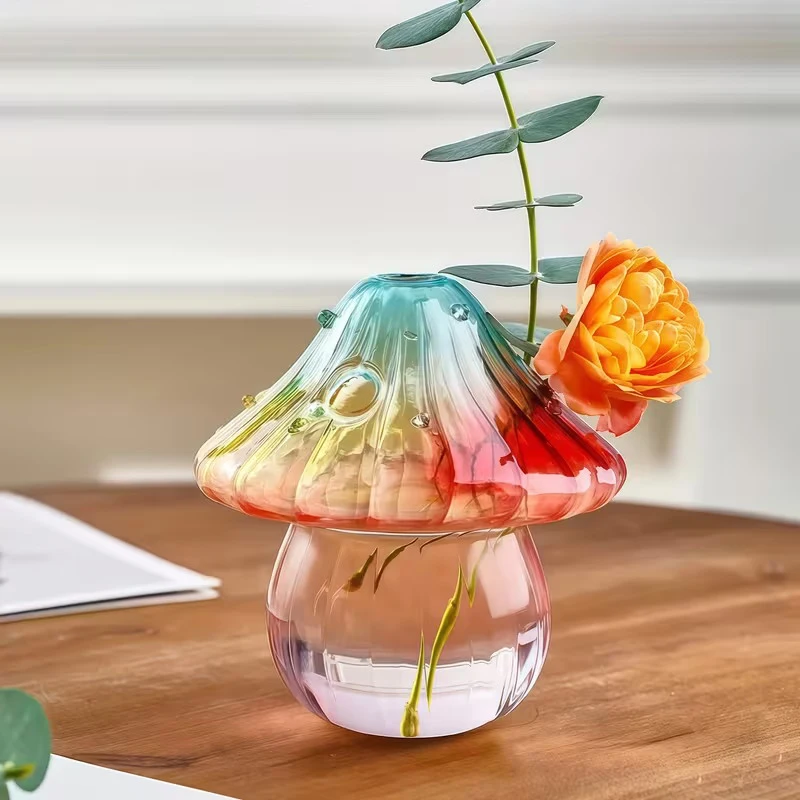 Hand-Blown Glass Mushroom Vase, Colorful Hydroponic & Aromatherapy Display, Artistic Table Centerpiece and Home Decor