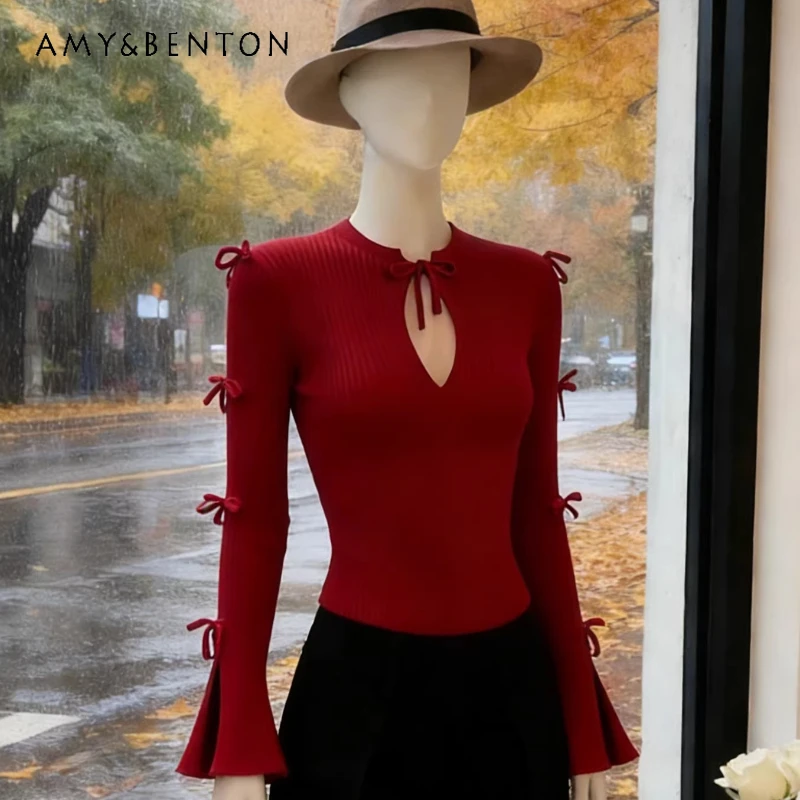 

Изысканный женский свитер-пуловер с красным бантом во французском стиле, весна 2026, с V-образным вырезом, ажурный, с длинными рукавами, вязаная базовая кофта для девушек