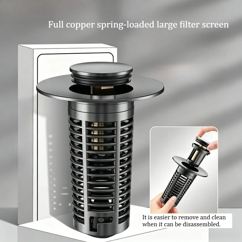 Sink basin leak stopper, press-type pop-up drain core, universal drain plug, odor-proof device with threaded filter screen