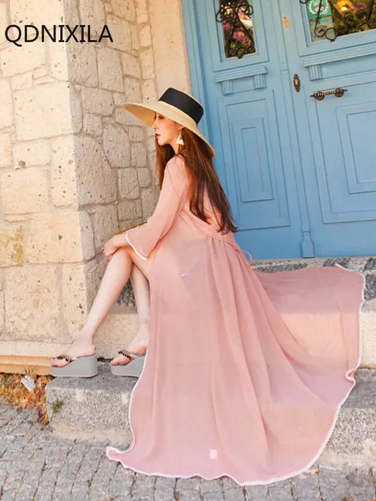 

Elegant Chiffon Cardigan for Women, Long Blouse, Beach Dress, Cover Ups for Swimwear, Beach Clothing