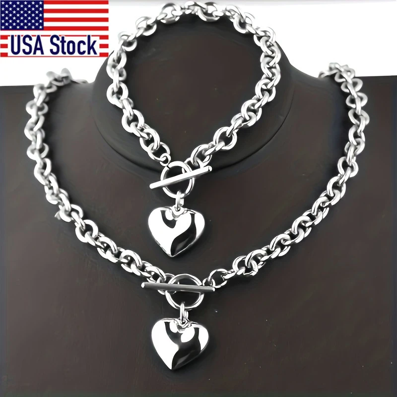 طقم مكون من قطعتين/مجموعة قلادة رائعة على شكل قلب خوخي وسلسلة على شكل حرف O للرجال والنساء