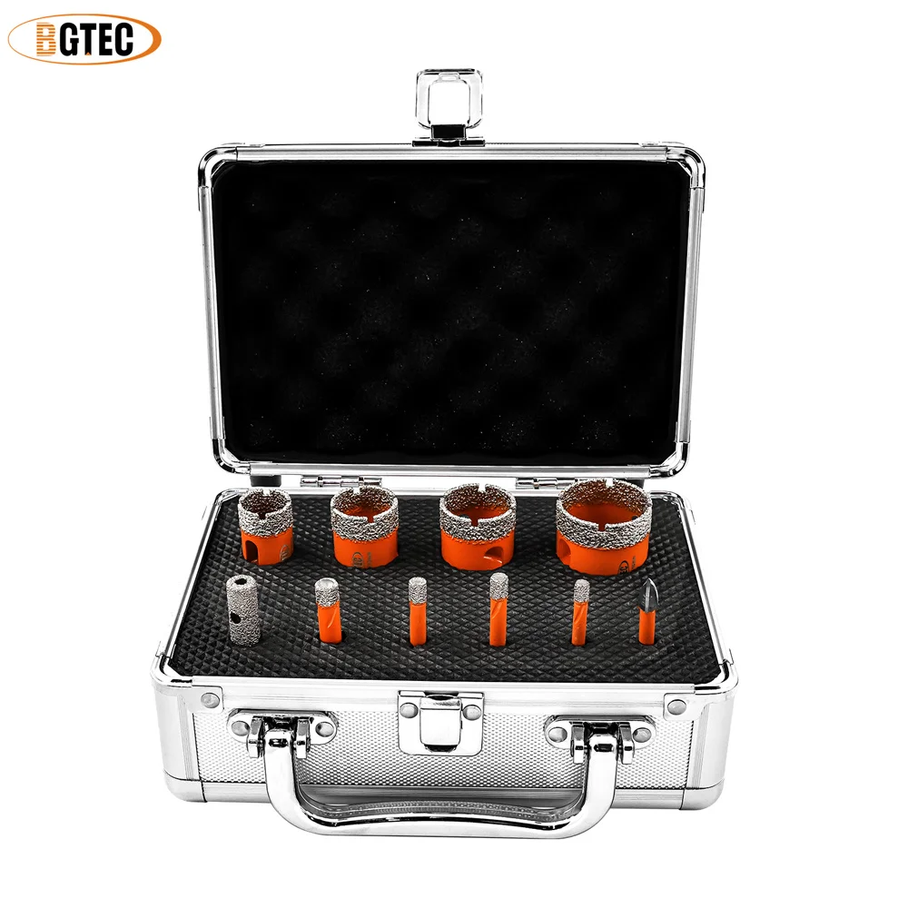 BGTEC 10pcs/set Aluminum Case Diamond Dry Drill Bit Kit Dia5-35mm Cross Drill Bit Grinding Rod Ceramie Tile Granite Marble