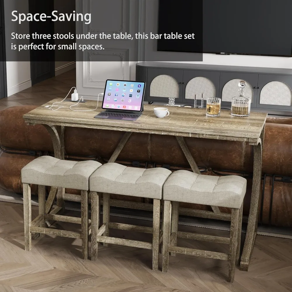 4-teiliges hohes Theken-Bartisch-Set mit Steckdose und 3 stoffgepolsterten Barhockern, hoher Frühstücksecke für die Küche mit Hocker