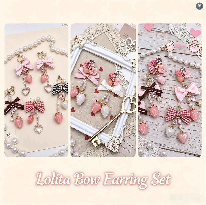 Handmade Japanese Sweet Cute Strawberry Plaid Ribbon Bow Pearl Clip-on Earrings Kawaii Women Ear Jewelry