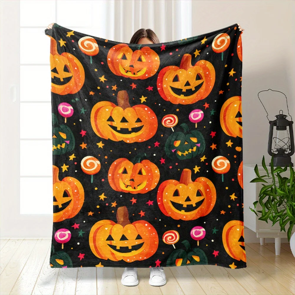 Manta Decorativa de Otoño con Diseño de Calabaza de Halloween, para Sofá,Regalo Festivo Acogedor, Lindo Diseño de Jack O'Lantern