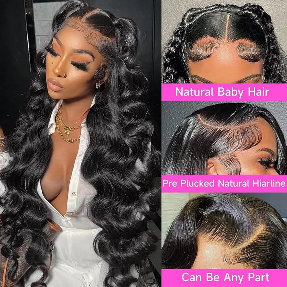 Perruque Lace Front Wig Body Wave naturelle, cheveux humains, pre-plucked, sans colle, densité 180%