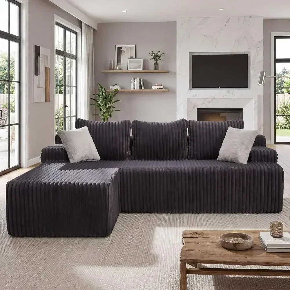 L-Shaped Cloud Sofa with Memory Foam, Convertible 3-Seat, Oversized Chaise, Washable Grey Cover, 98 Length, Left-Hand Facing