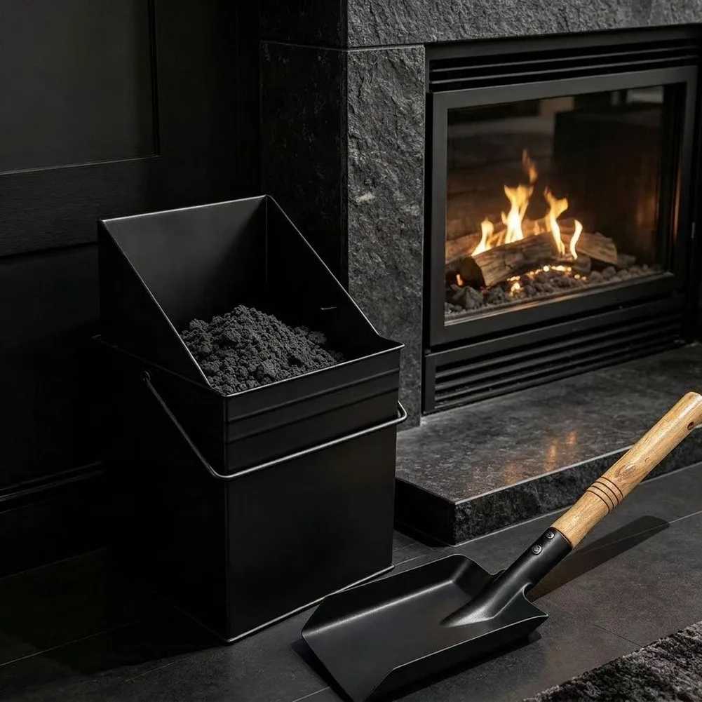 Fireplace Ash Management Set with Thickened Black Iron Bucket 22.5x18x38cm and Complementary Slant Shovel 9.5x16x22cm