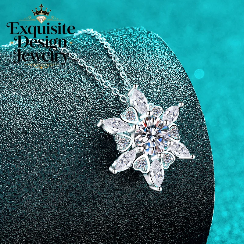 Exquisite Platinum PT950 Romantic 1-carat Moissanite Snowflake Necklace, Heart-shaped Hexagon Diamond Pendant Trendy Chain