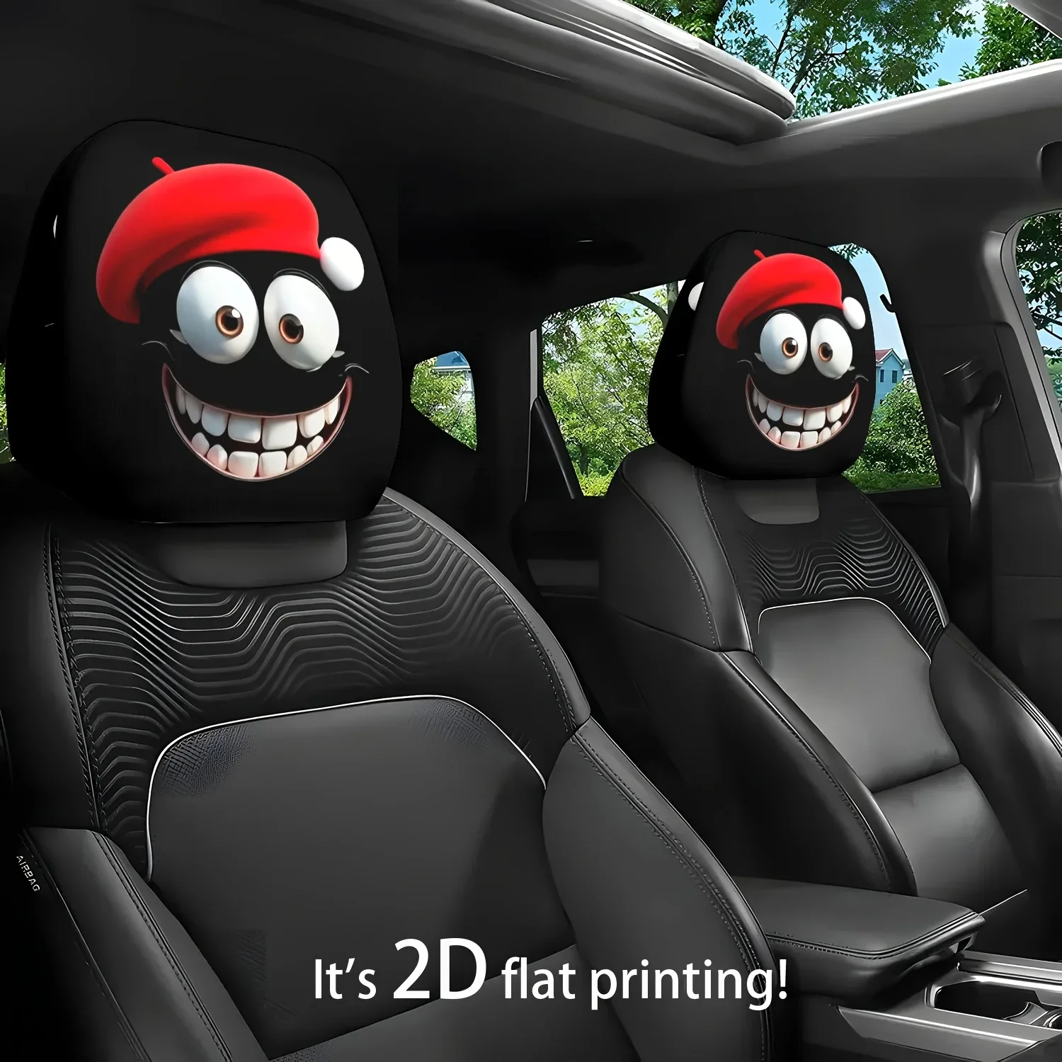 2Pcs Classic Smiling Red Hat Quirky Expression Theme Car Headrest Covers Essential For Long Trips Car Interior Accessories